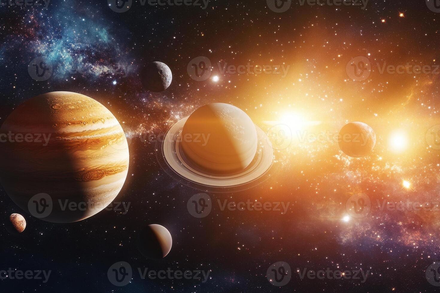 A vibrant view of the solar system with a bright sun in the background. photo
