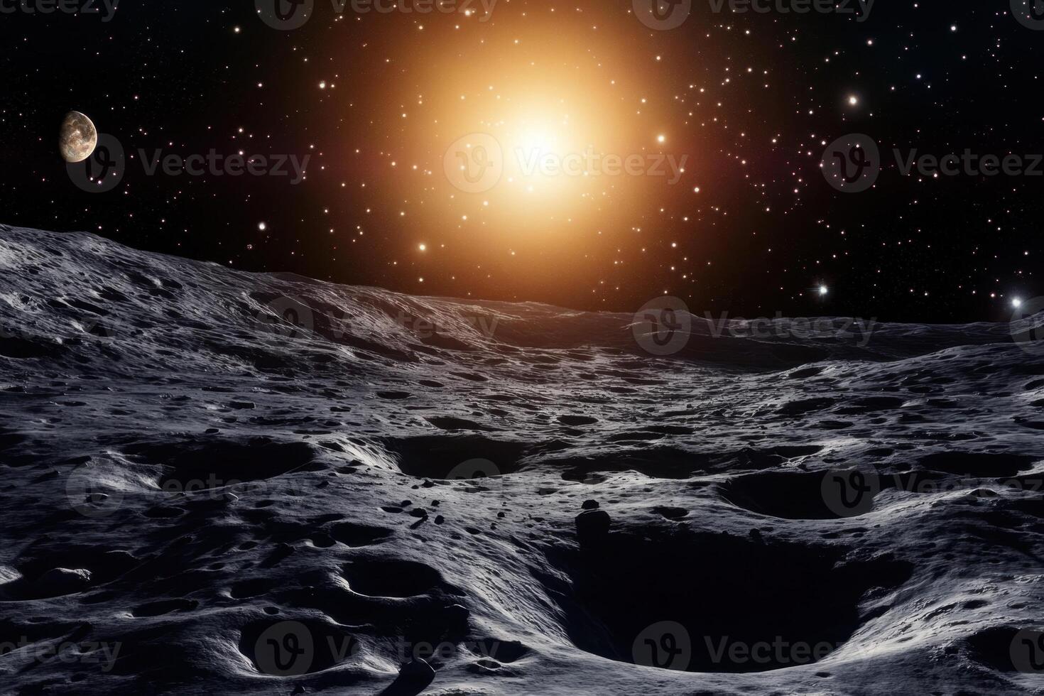 A view of a cratered surface of an alien world. photo