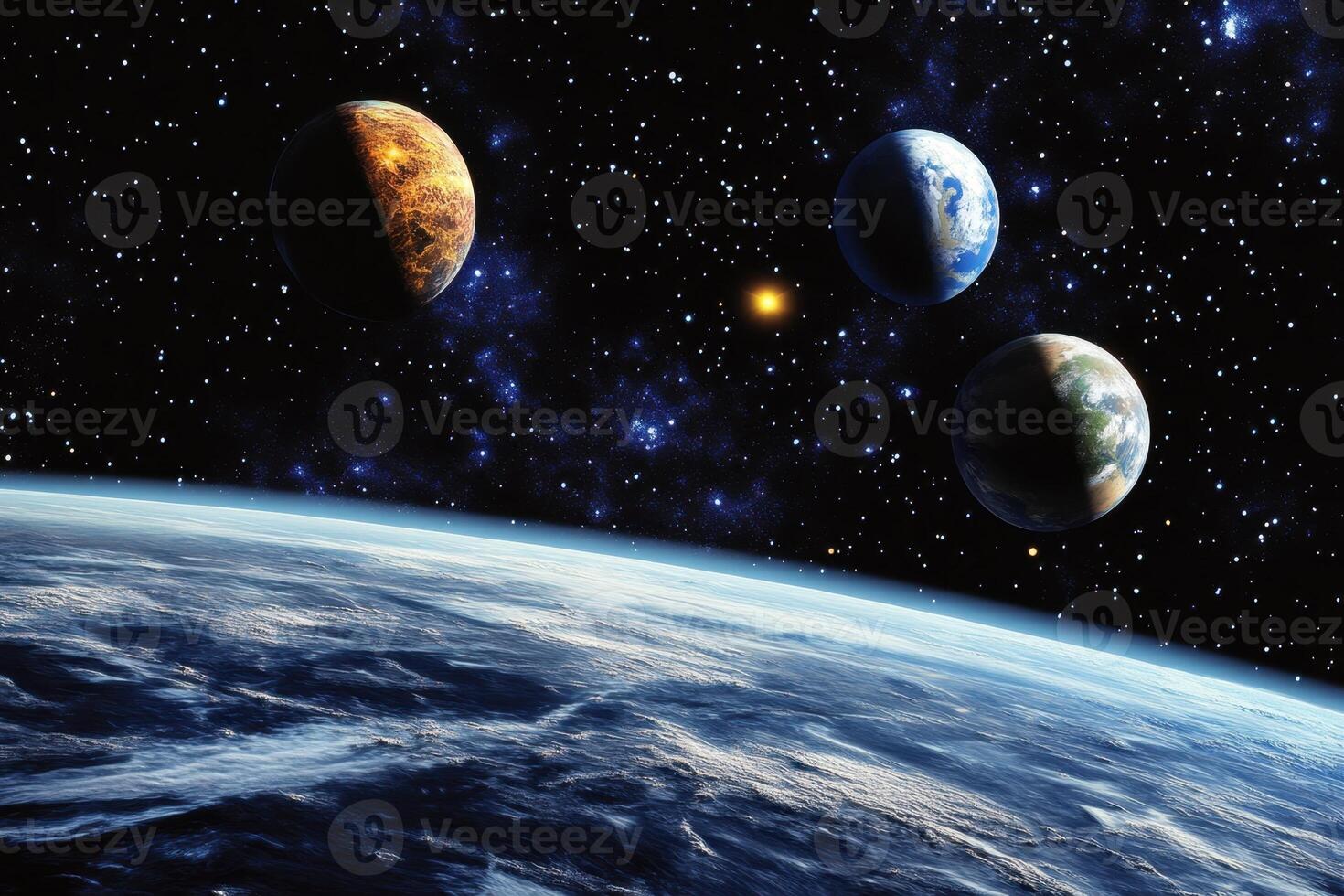 A vibrant view of four planets in a deep blue and star filled space. photo