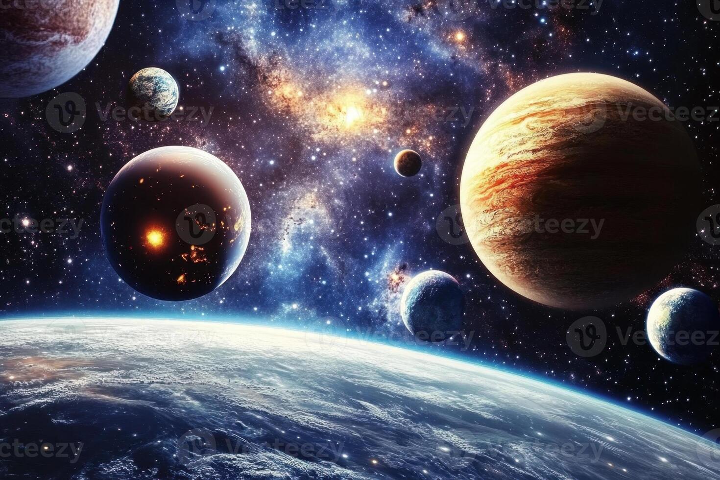 A view of a distant planetary system with multiple planets, a star, and a nebula in the background. photo