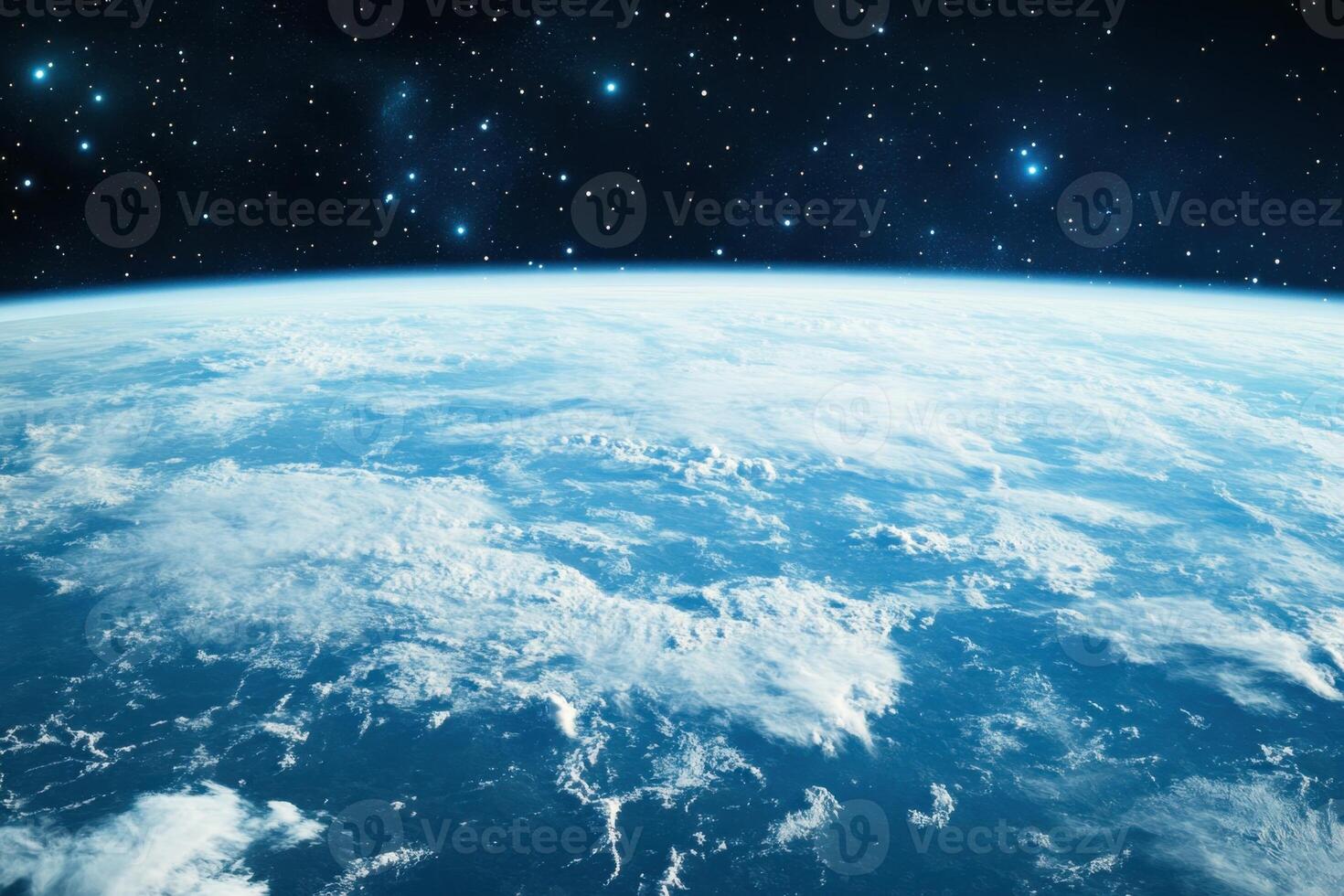 A view of Earth from space with clouds and stars in the background. photo