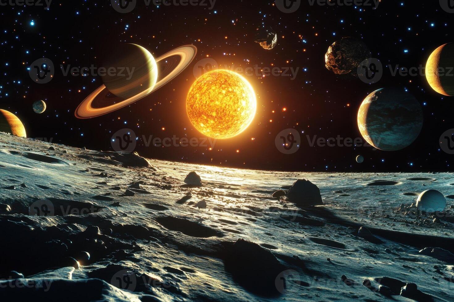 A view of the solar system from a moon's surface with planets, stars, and the sun. photo