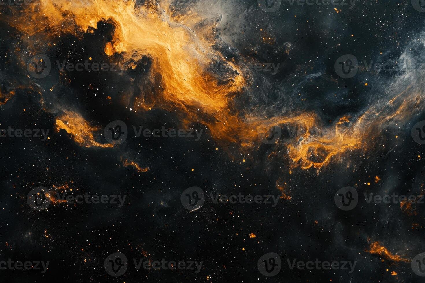 Abstract cosmic nebula with swirling orange and grey clouds against a starry black background. photo