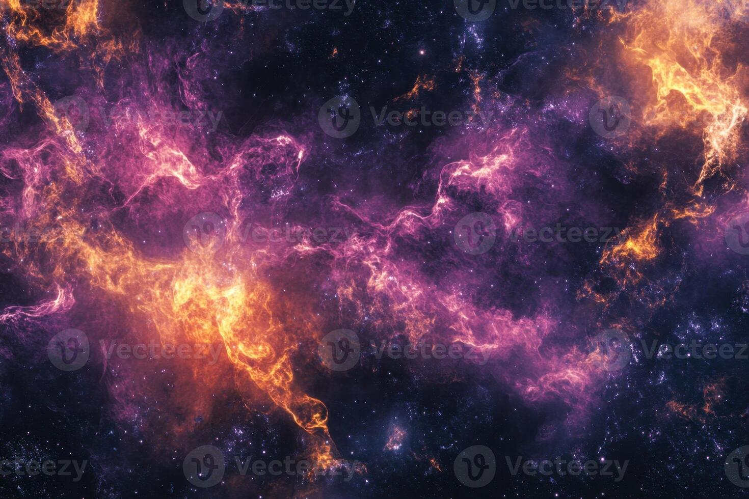 Abstract cosmic nebula with swirling purple and orange clouds of gas and dust. photo