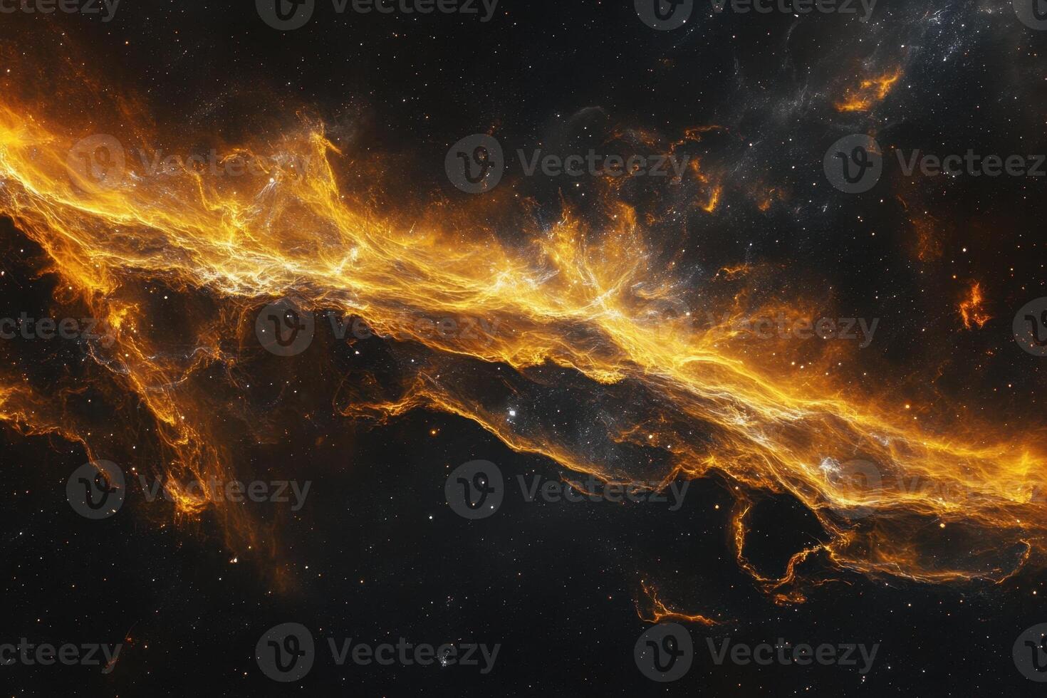 Abstract cosmic nebula with swirling orange and white gas clouds against a black starry background. photo
