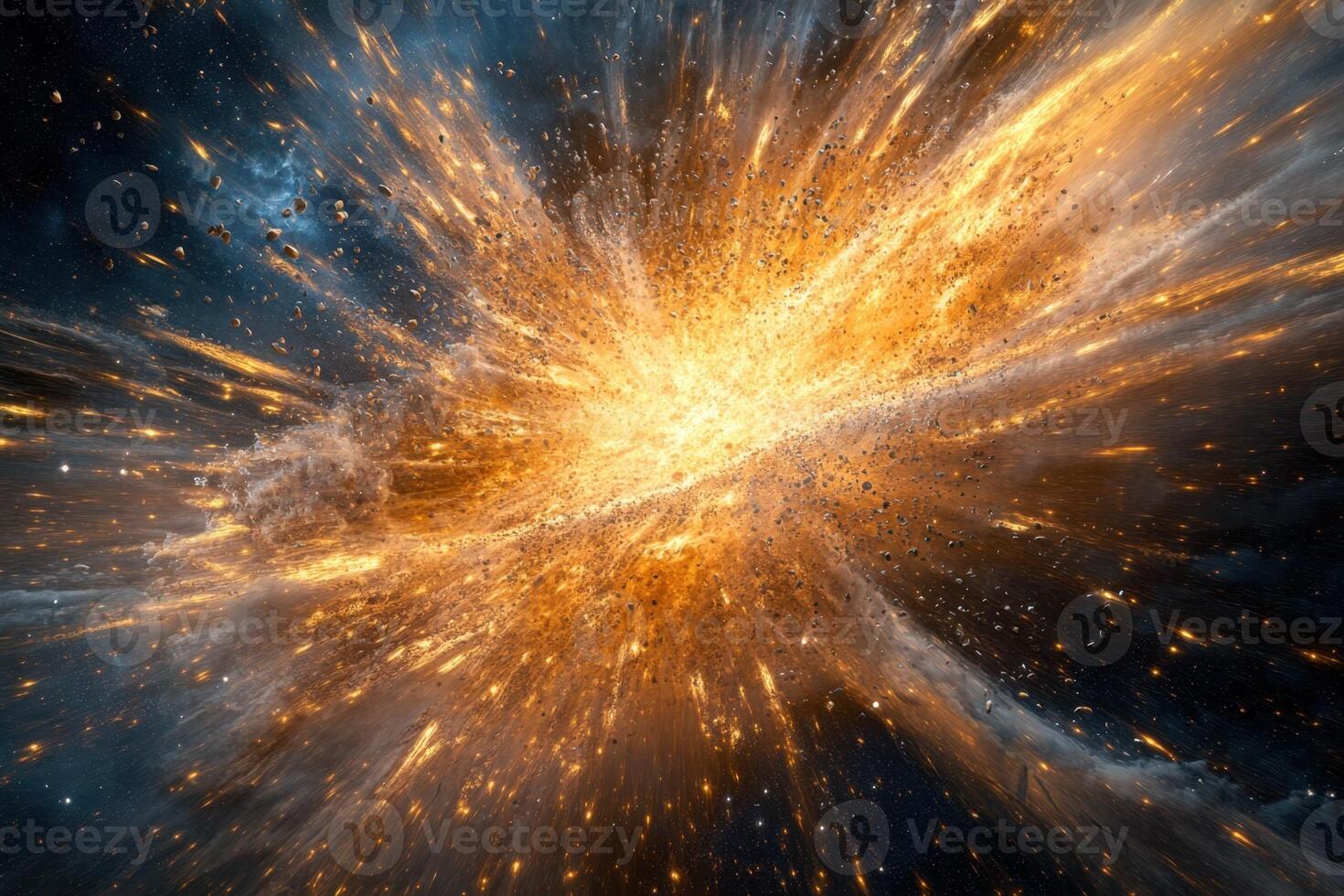 Abstract explosion with fiery sparks and glowing dust particles in dark space. photo