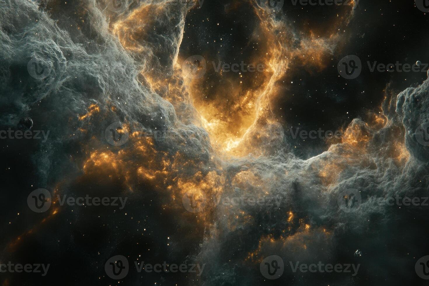 Cosmic nebula with swirling clouds of gas and dust, illuminated by bright stars. photo