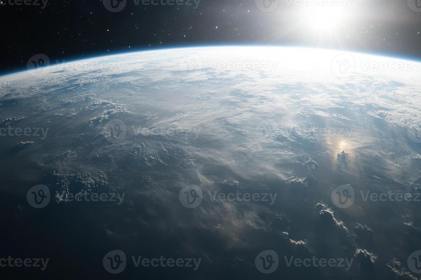 Earth from space with clouds and sun. photo