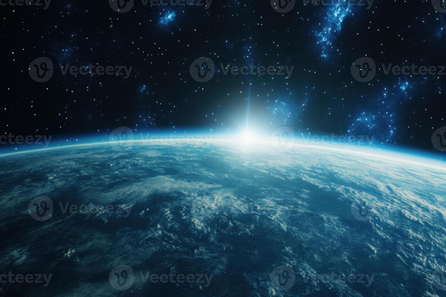 A sunrise over a blue planet with a bright light and a nebula in the background. photo