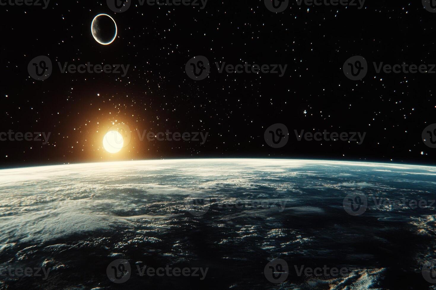 A sunrise over Earth from space with a crescent moon in the sky. photo