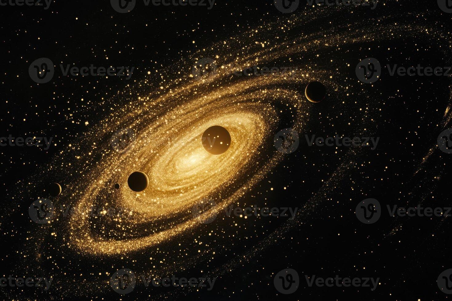 A swirling galaxy with planets in the foreground. photo