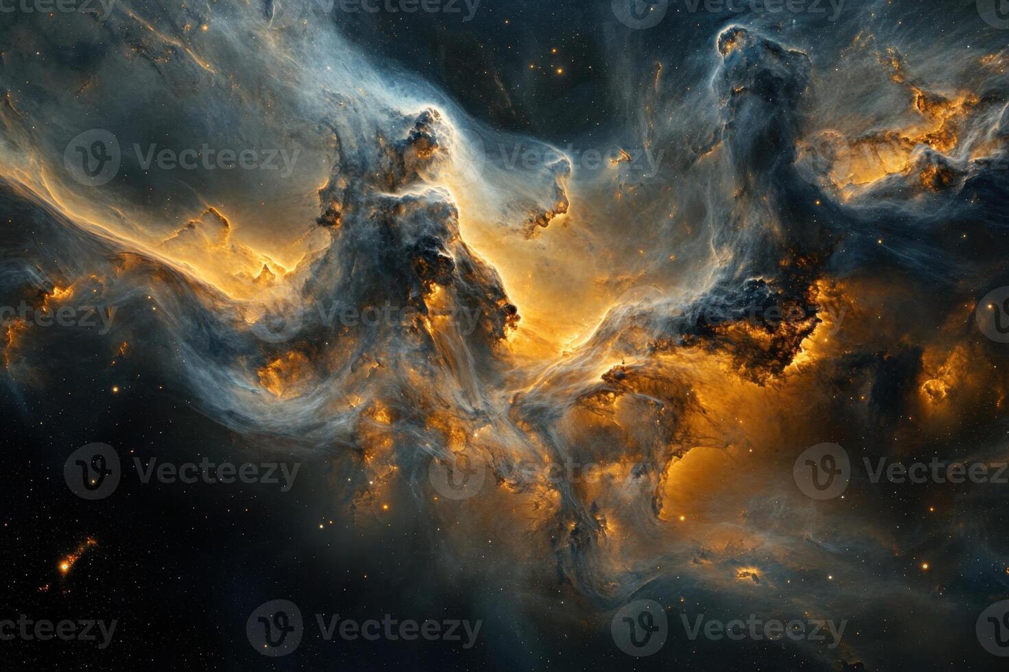 A swirling nebula of golden and blue gas with a background of stars. photo