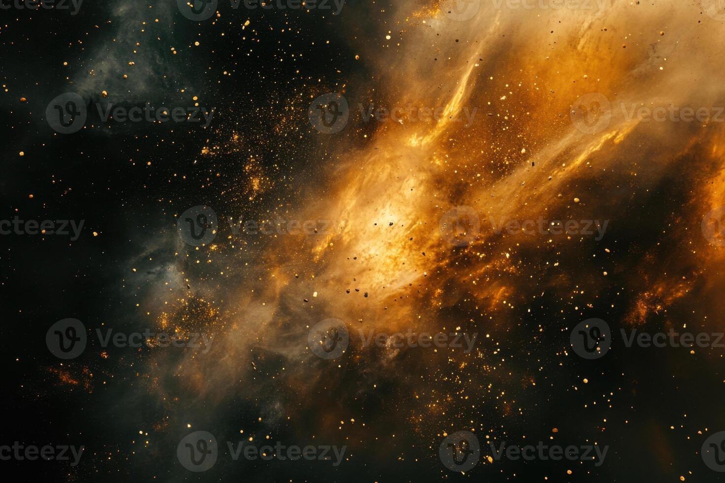 A swirling nebula of orange and yellow dust and gas against a black background, with scattered stars. photo