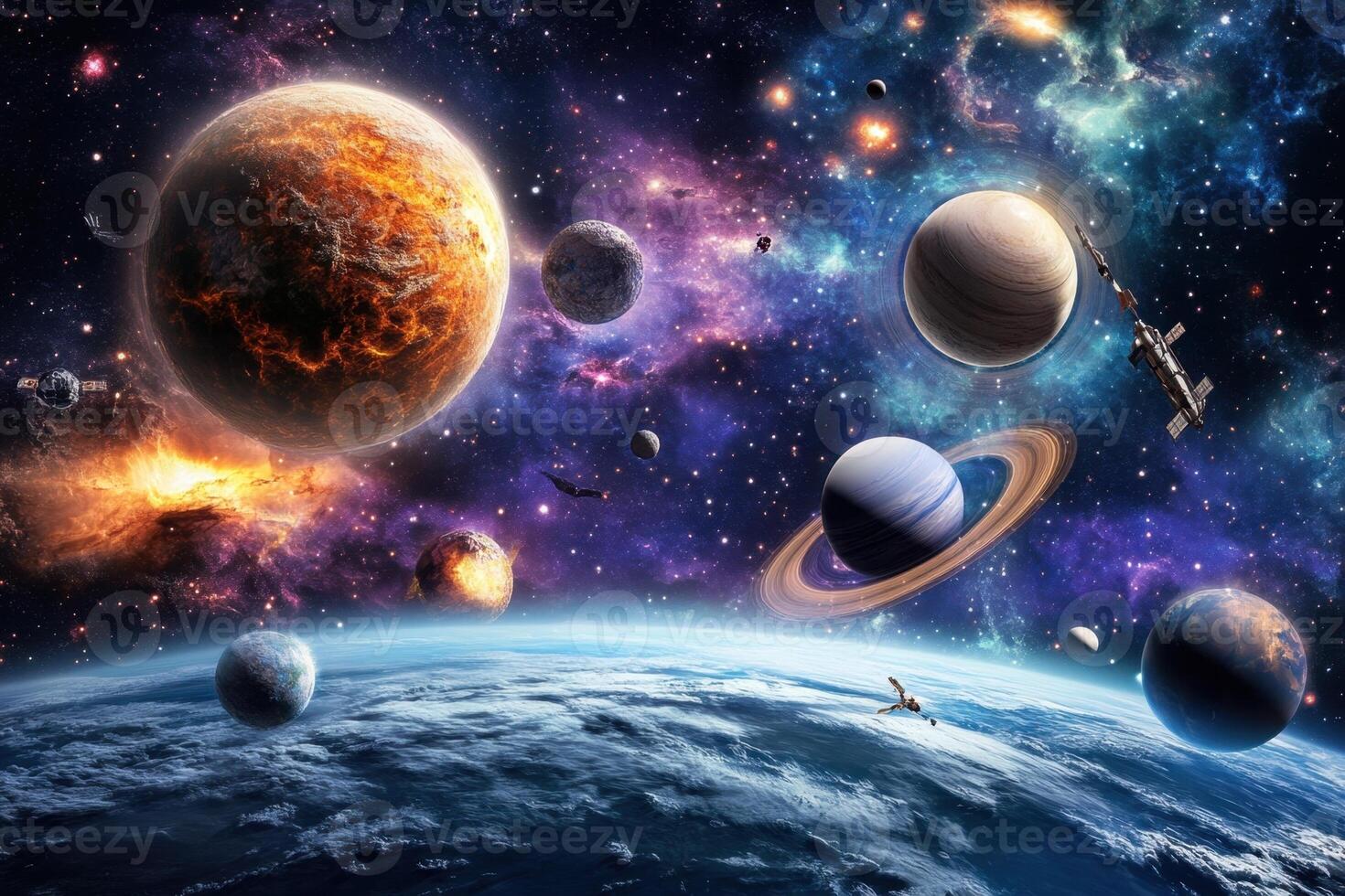 A vibrant depiction of planets, stars, and galaxies in a beautiful cosmic scene. photo