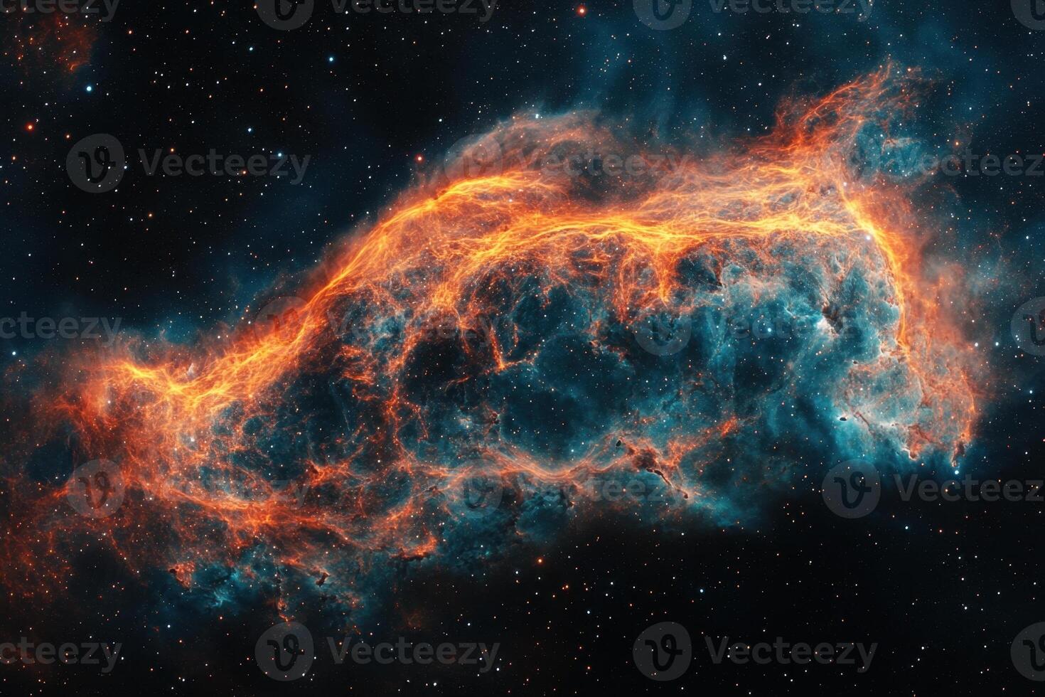 A vibrant nebula swirls with orange and blue hues against a backdrop of twinkling stars. photo