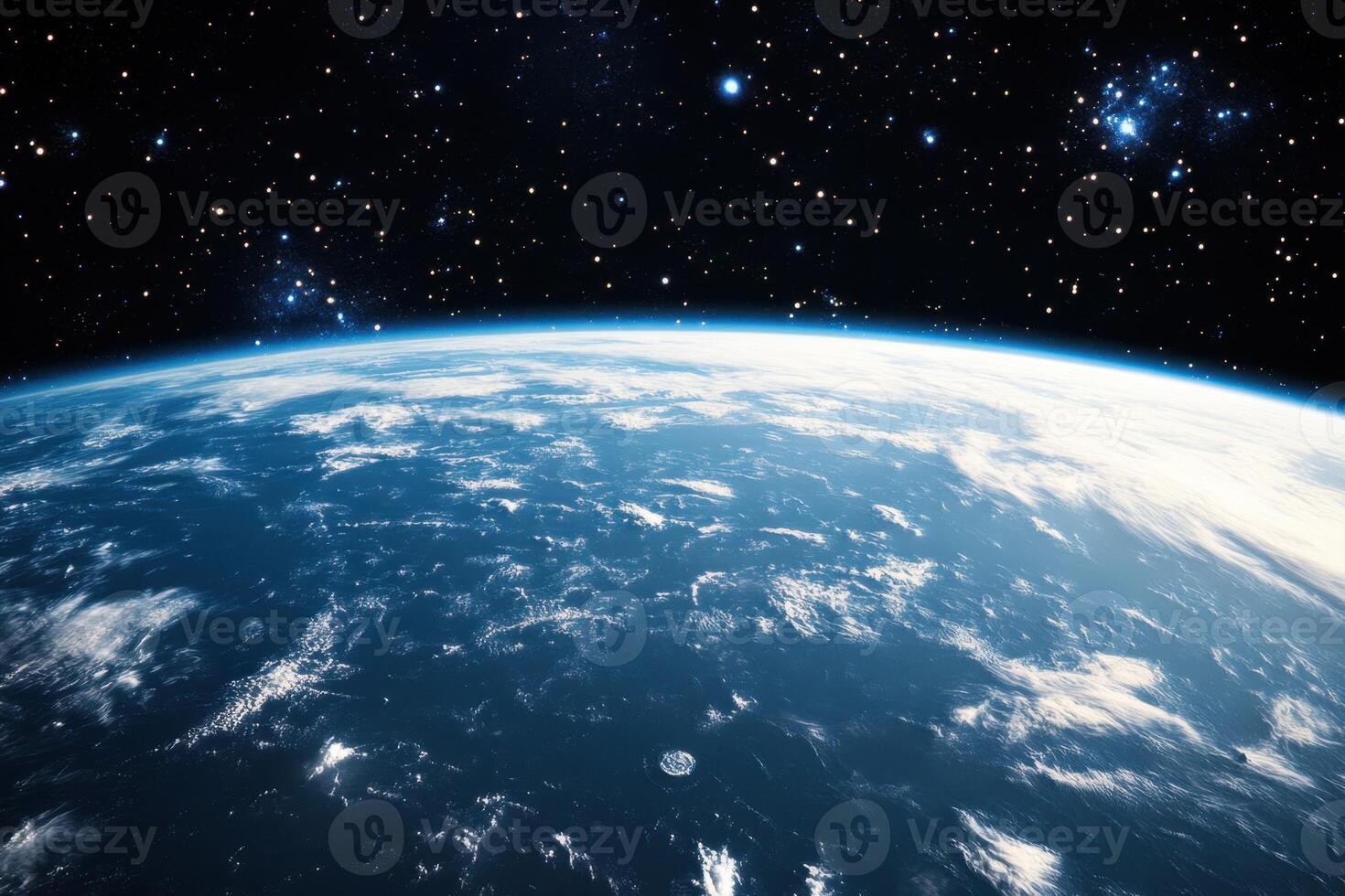 Earth from space with clouds and stars. photo