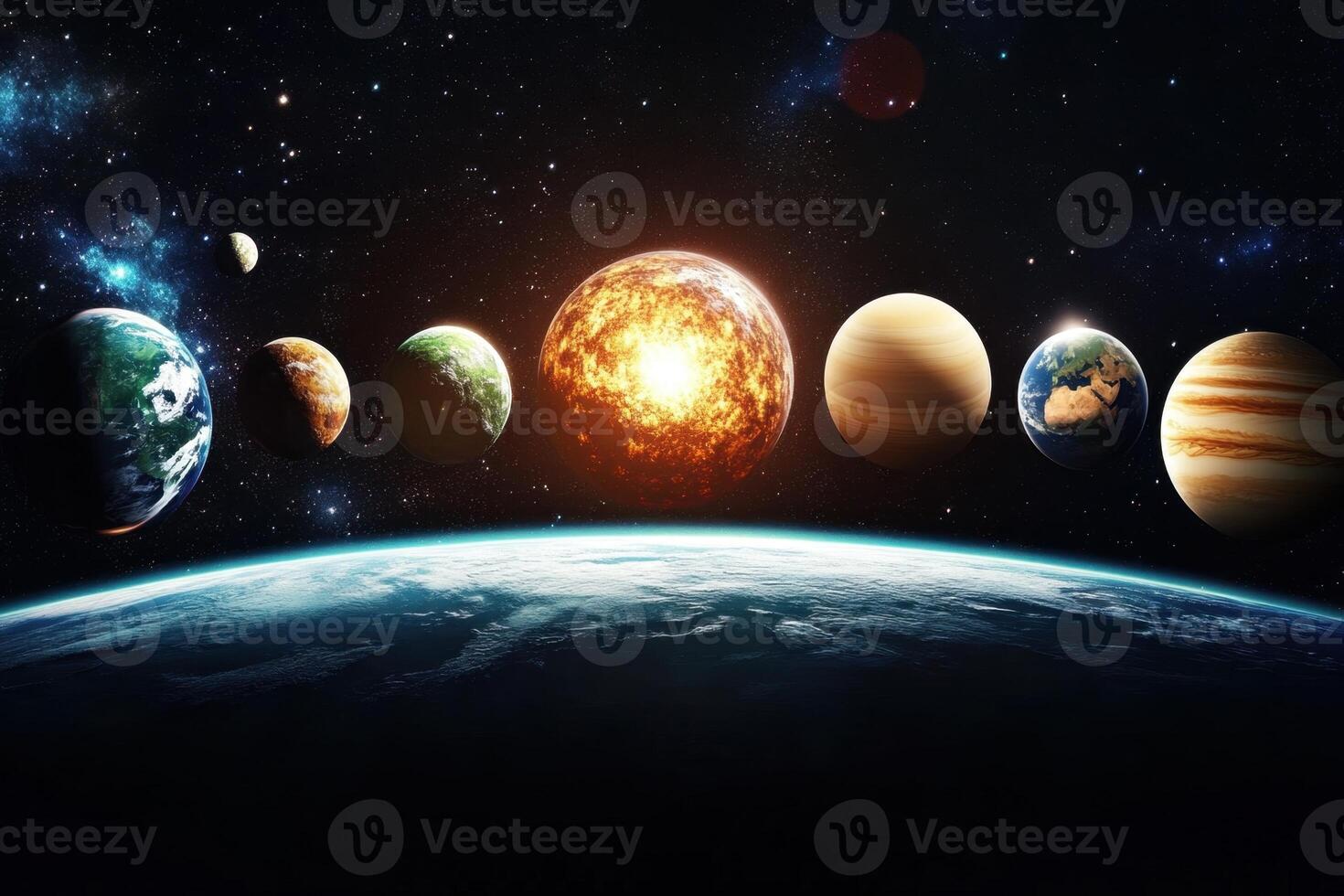 Planets in a solar system, with a bright star in the center. photo