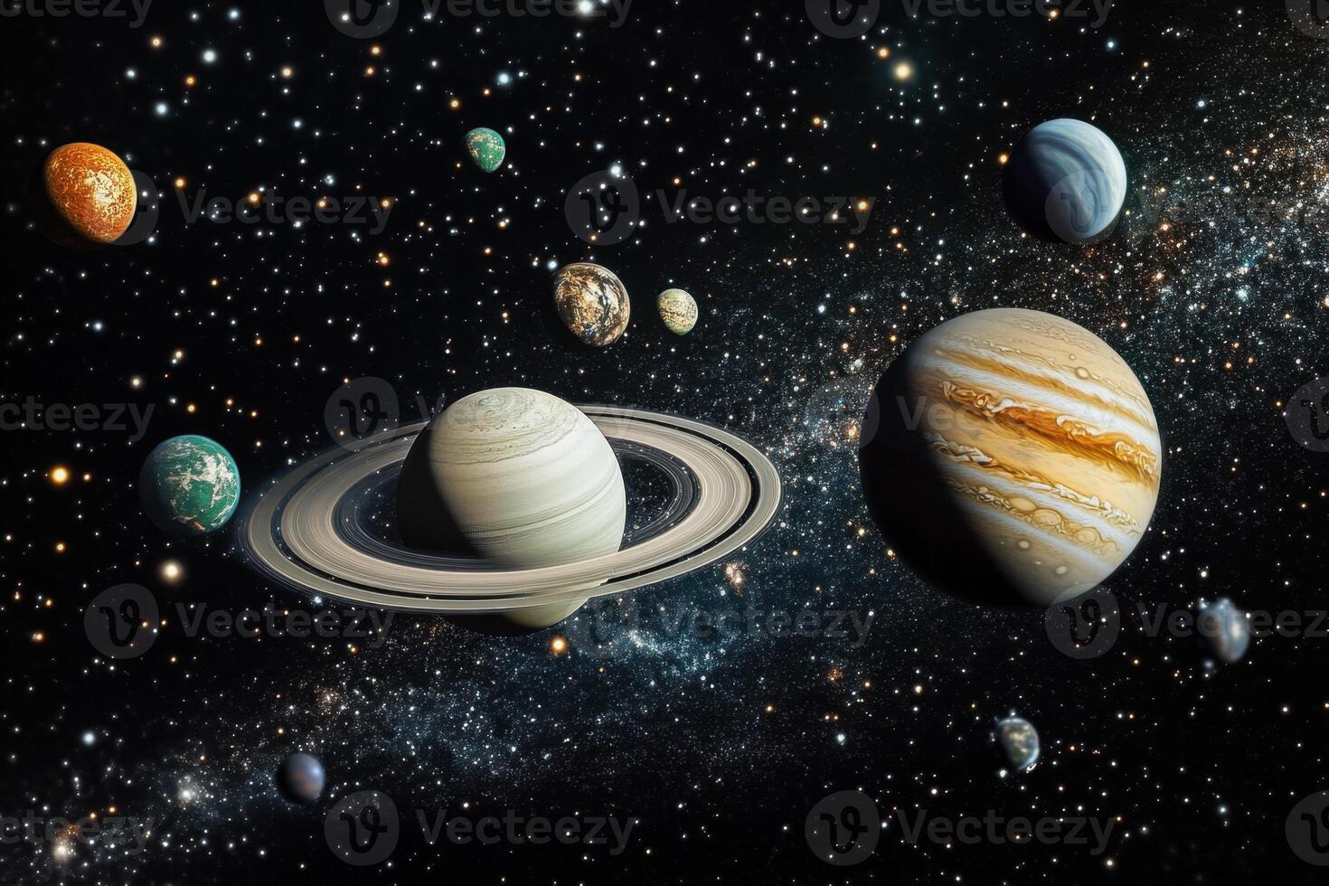 Planets in a starry night sky with a large planet in the center with rings. photo