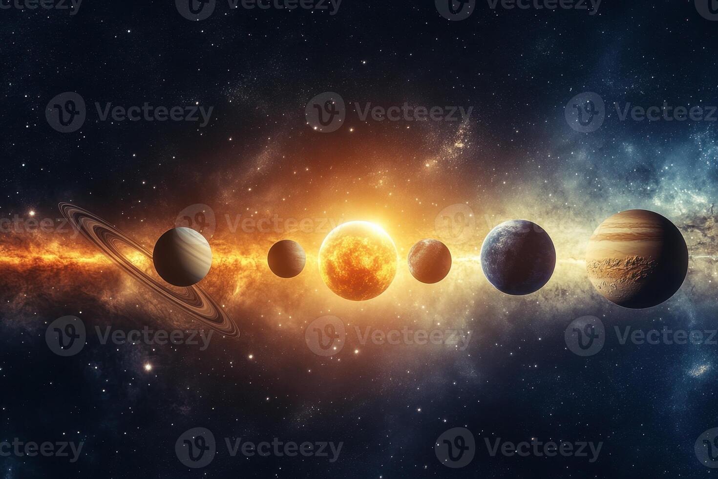 A stunning view of the solar system with planets, the sun, and a vast nebula in the background. photo