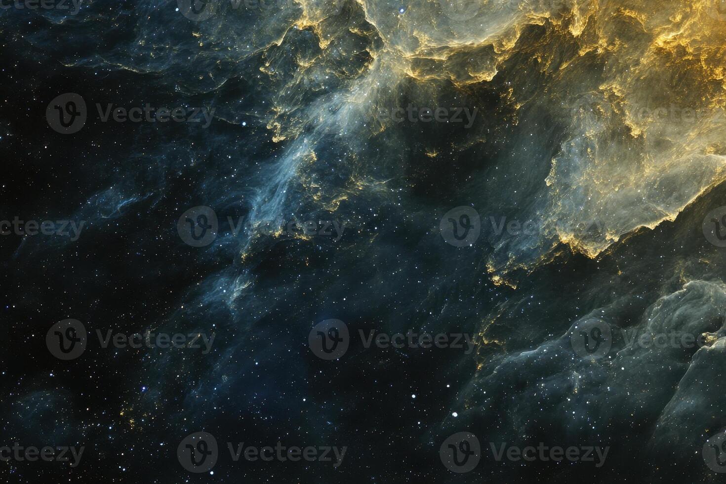 A swirling nebula with blue and gold hues against a backdrop of stars. photo