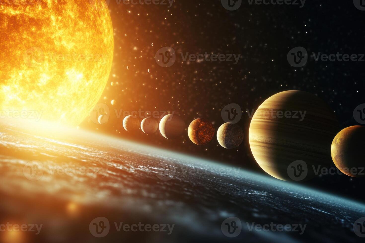 A vibrant, detailed, and realistic depiction of the solar system with a large sun at the horizon and the planets aligned in order from the sun outward. photo