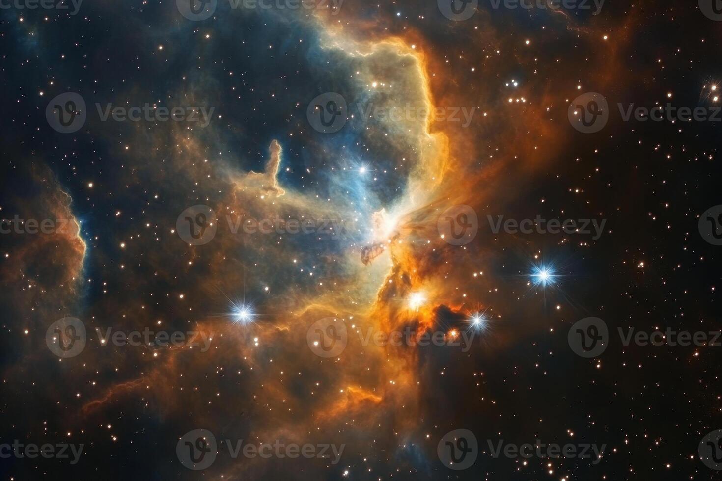 A vibrant nebula in space, glowing with vibrant colors and scattered with bright stars. photo