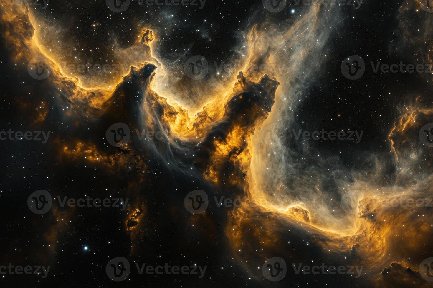 A vibrant nebula of swirling gas and dust glows with golden hues against a backdrop of twinkling stars in the vast expanse of space. photo