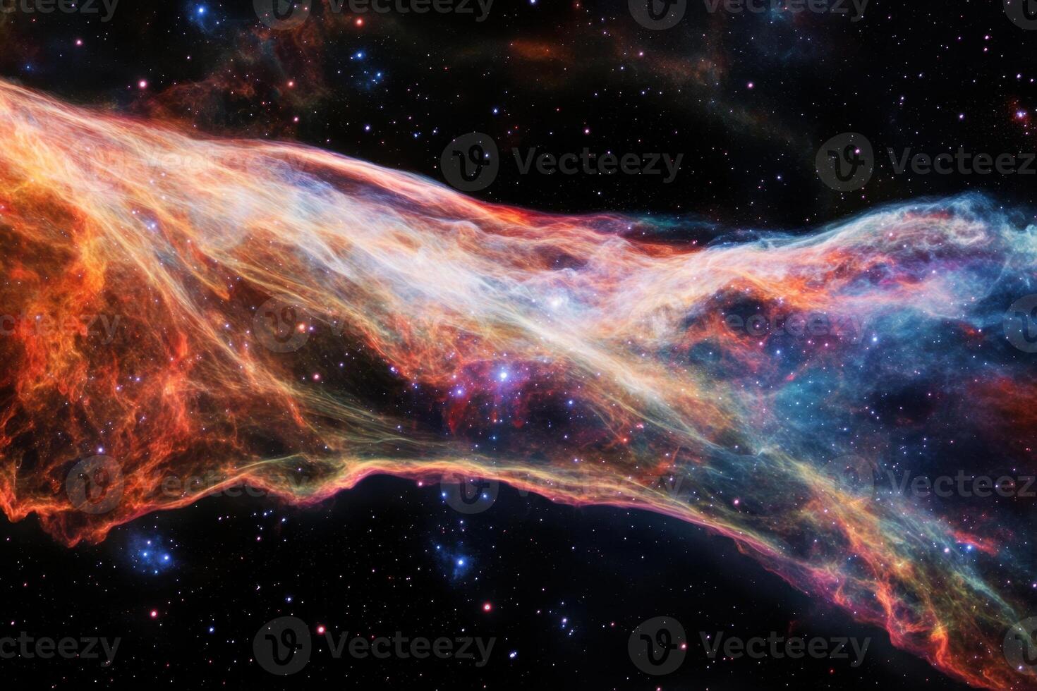 A vibrant nebula swirls with colors in the deep space. photo
