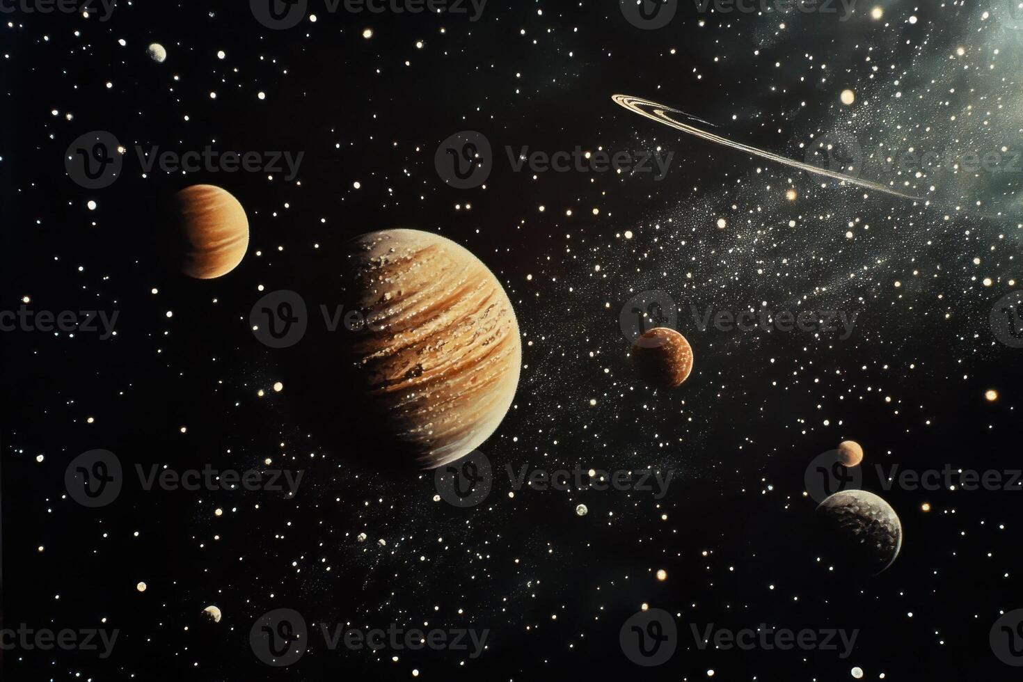 A vibrant solar system with a nebula and stars in the background. photo