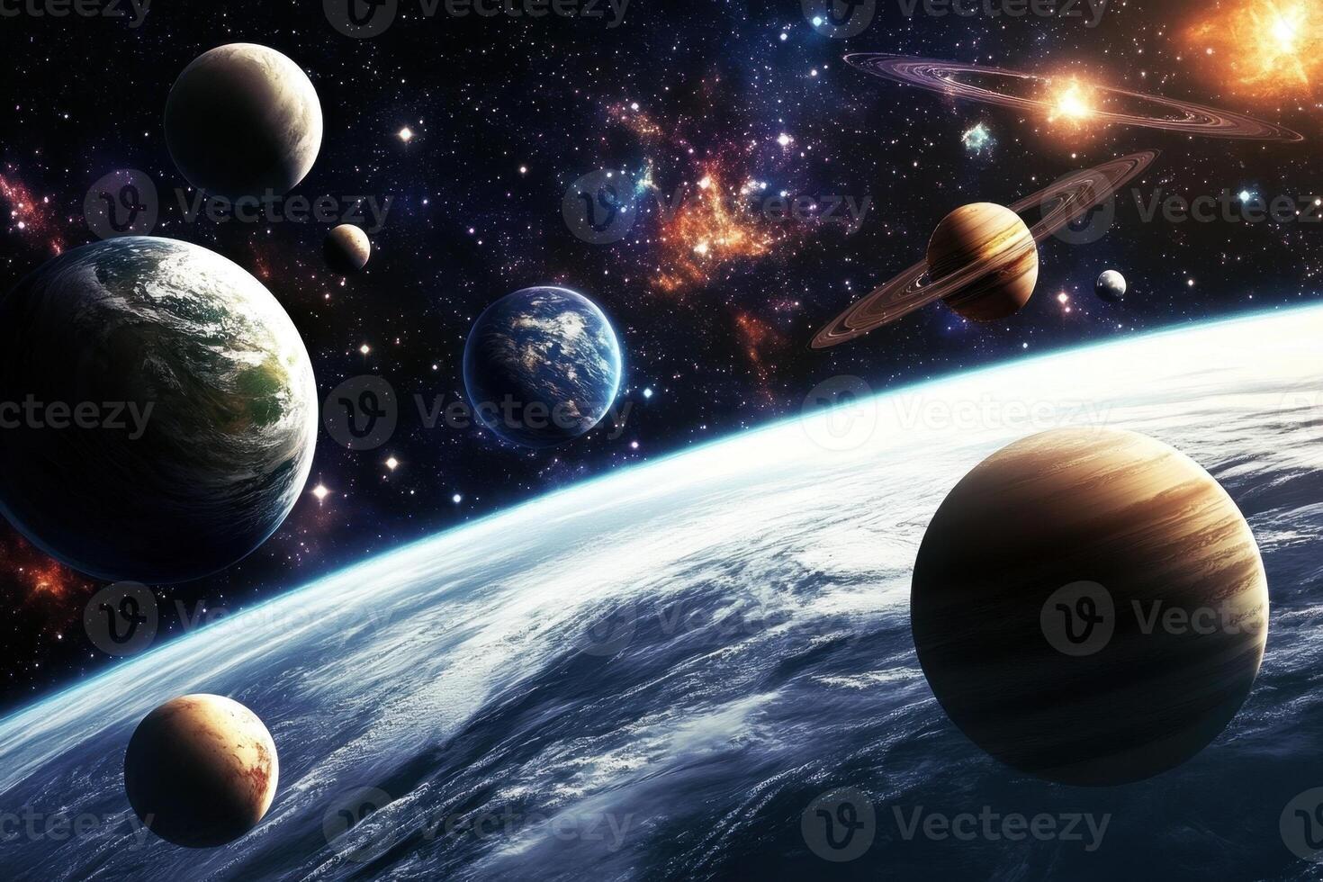 A vibrant solar system with a bright star, planets, and a nebula. photo