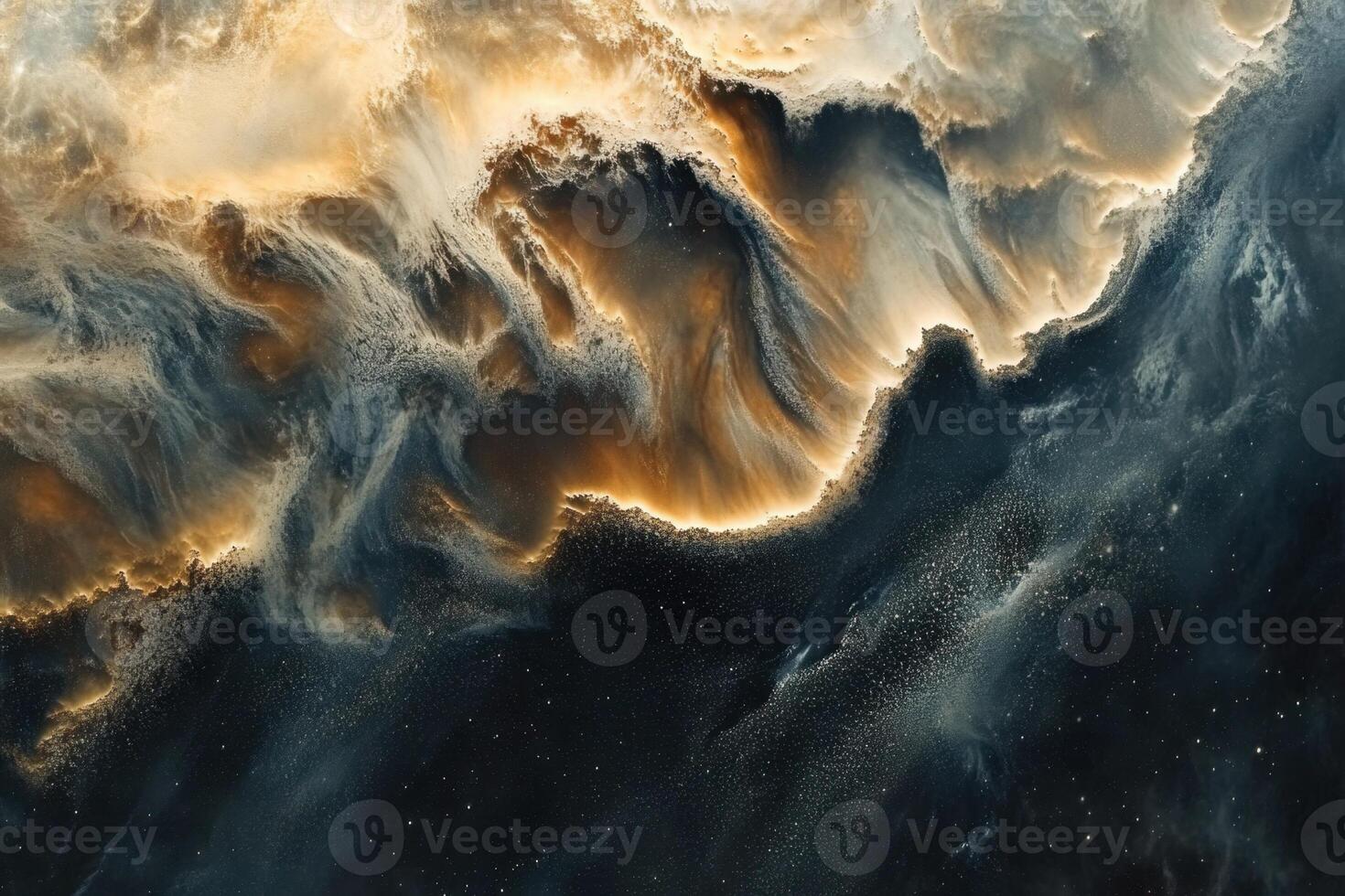 Abstract cosmic nebula with swirling clouds of gas and dust in shades of blue, gold and black. photo