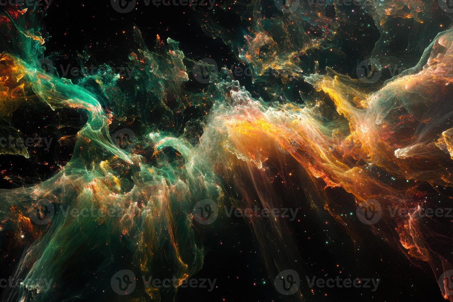 Abstract cosmic nebula with swirling clouds of gas and dust in shades of green, orange, and red against a dark background. photo