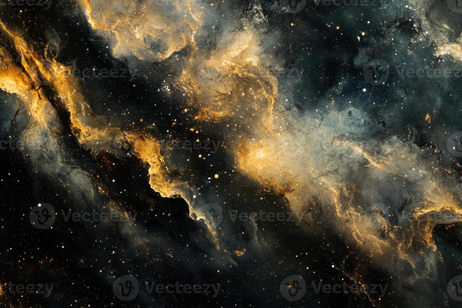 Abstract cosmic nebula with swirling clouds of gas and dust in vibrant gold, blue, and grey hues. photo