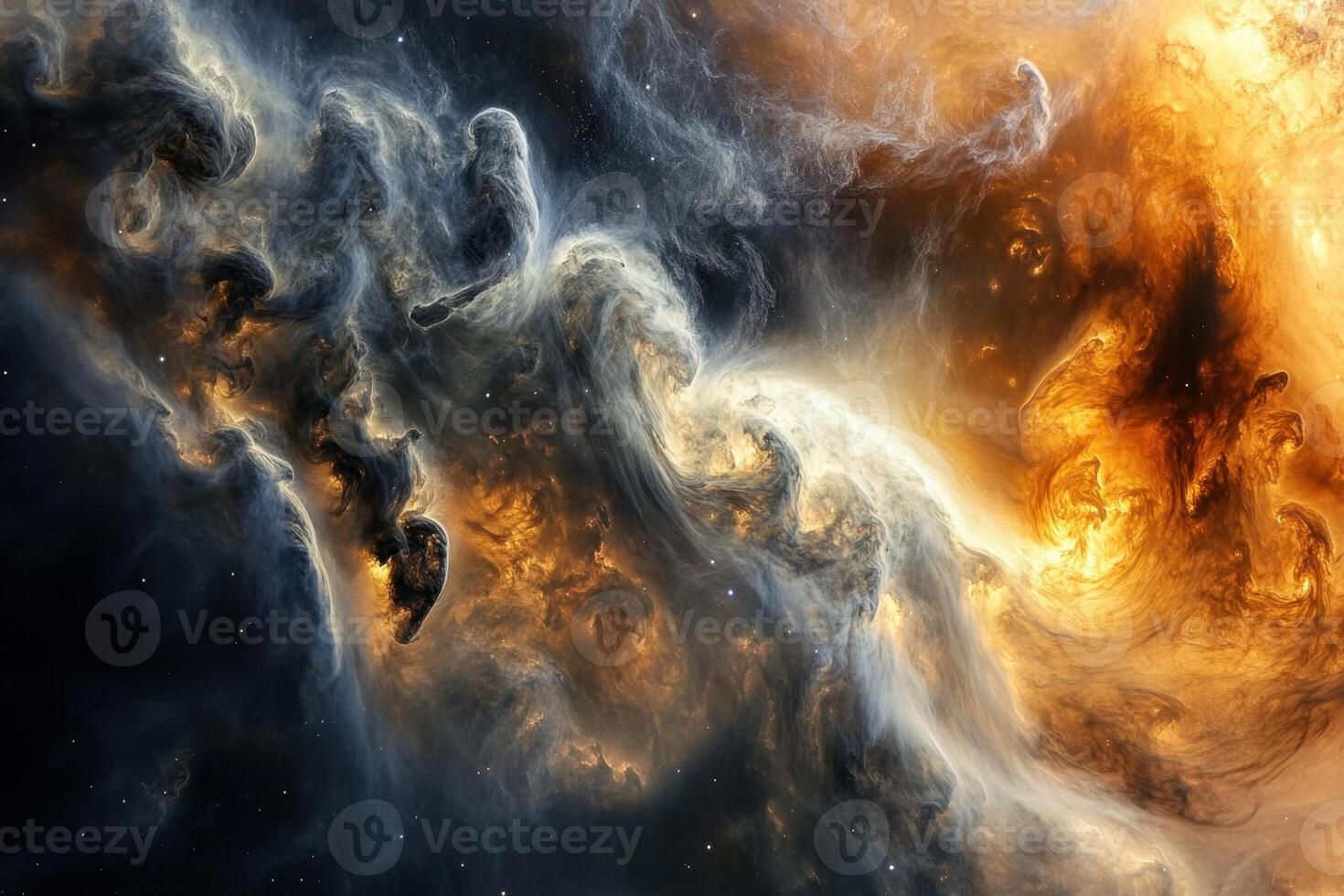 Abstract cosmic nebula with swirling gas and dust clouds in shades of orange, white, and black. photo