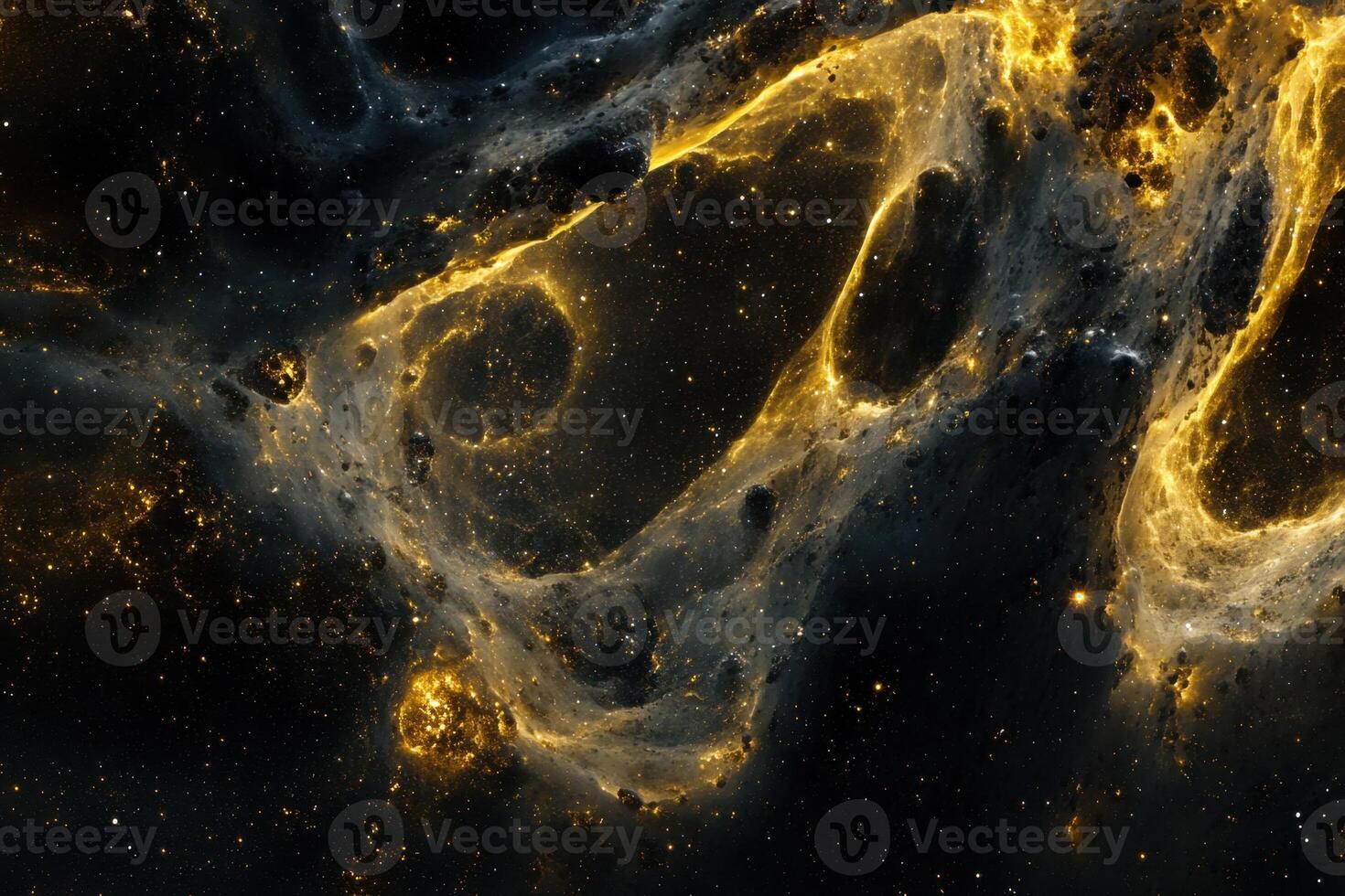 Abstract cosmic nebula with swirling golden gas and scattered stars against a dark background. photo