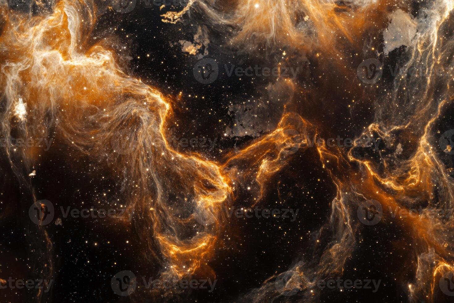 Abstract swirling cosmic nebula with glowing orange and yellow gas clouds and stars. photo