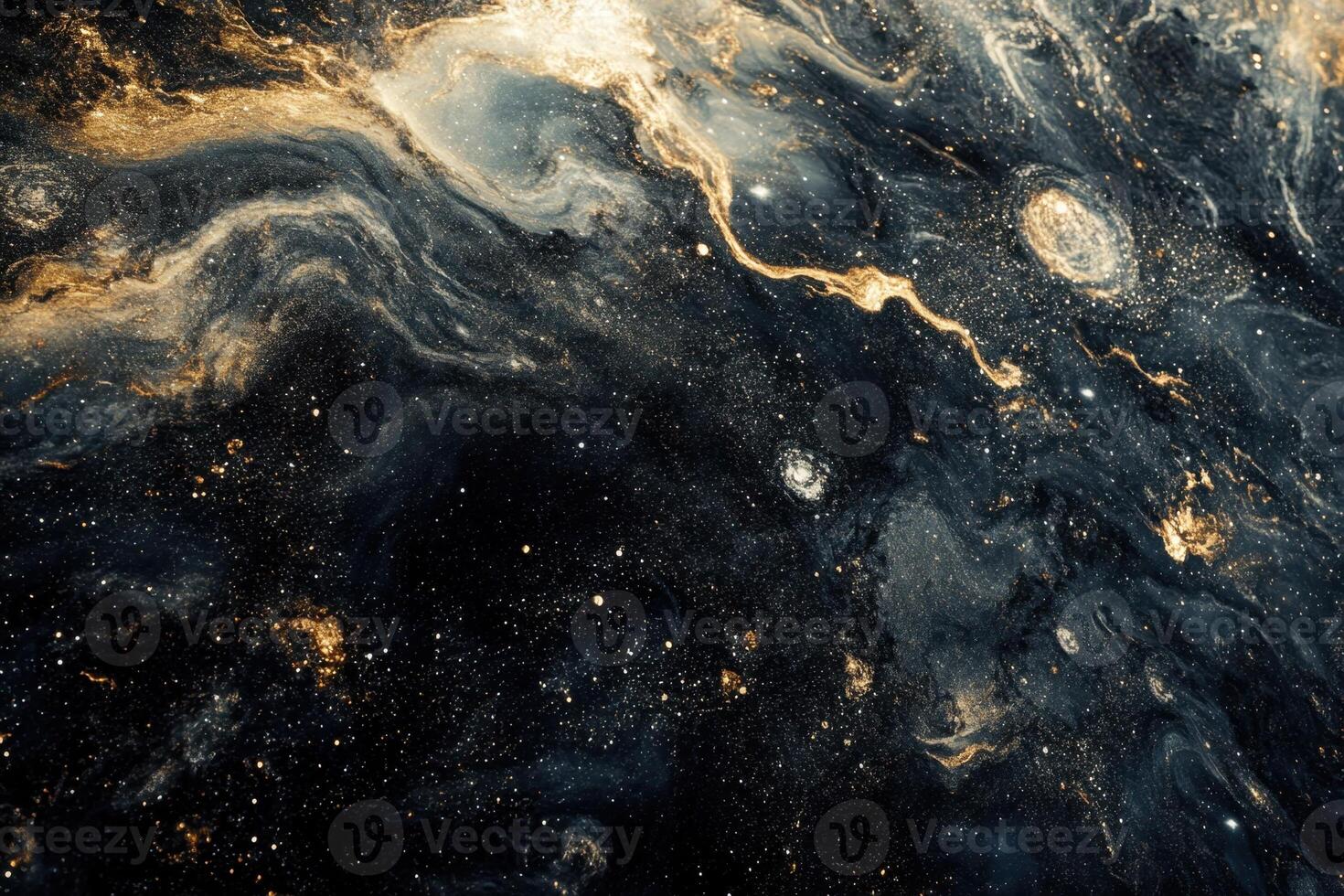 Abstract swirling galaxy-like pattern in dark blue, gold, and white. photo
