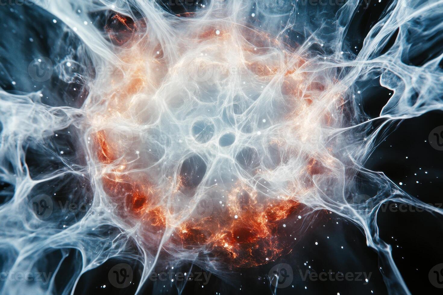 Abstract swirling nebula with fiery core and scattered stars. photo
