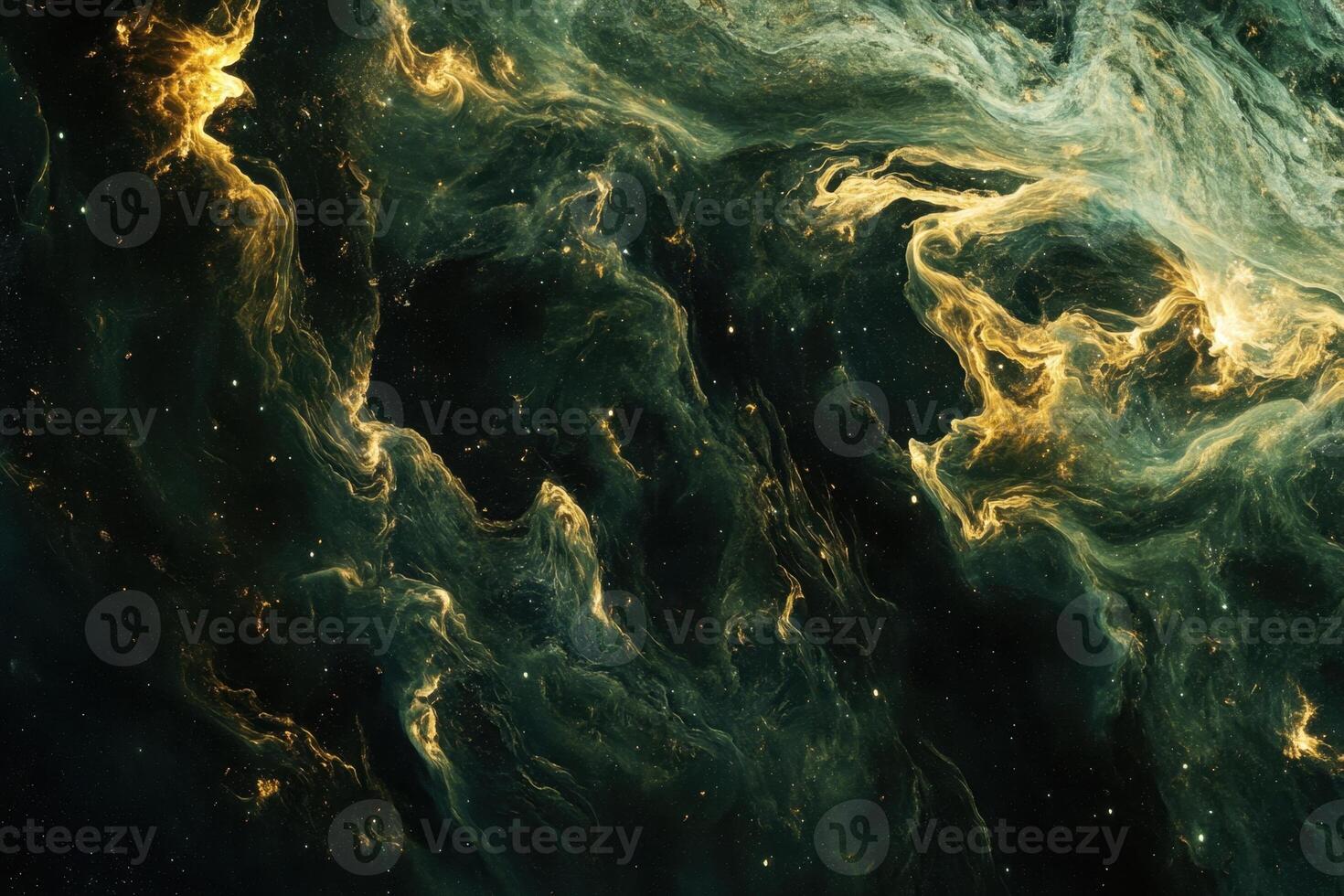Abstract swirling nebula with golden and green hues. photo