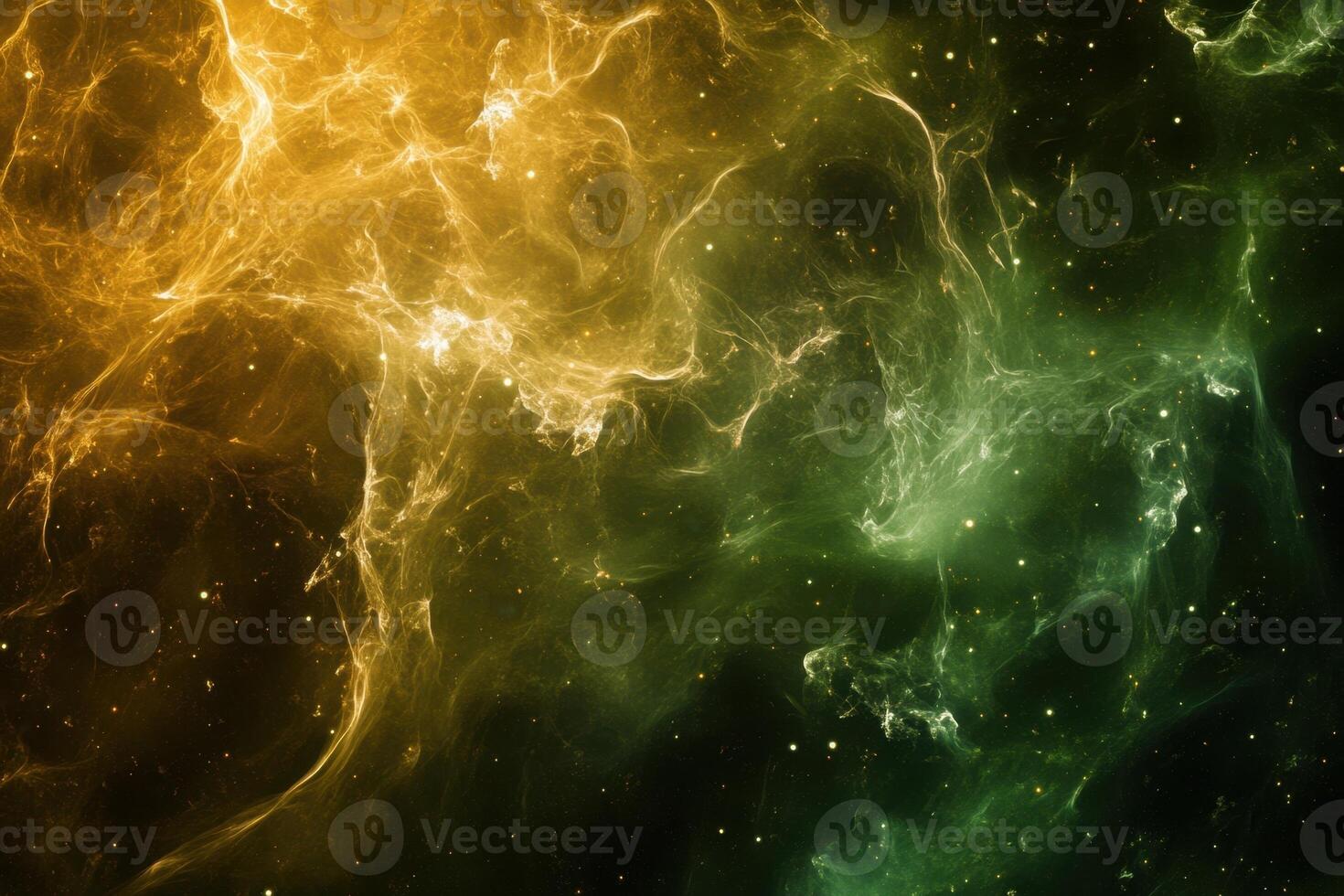 Abstract swirling nebula with glowing green and orange gas clouds in a black space with stars. photo