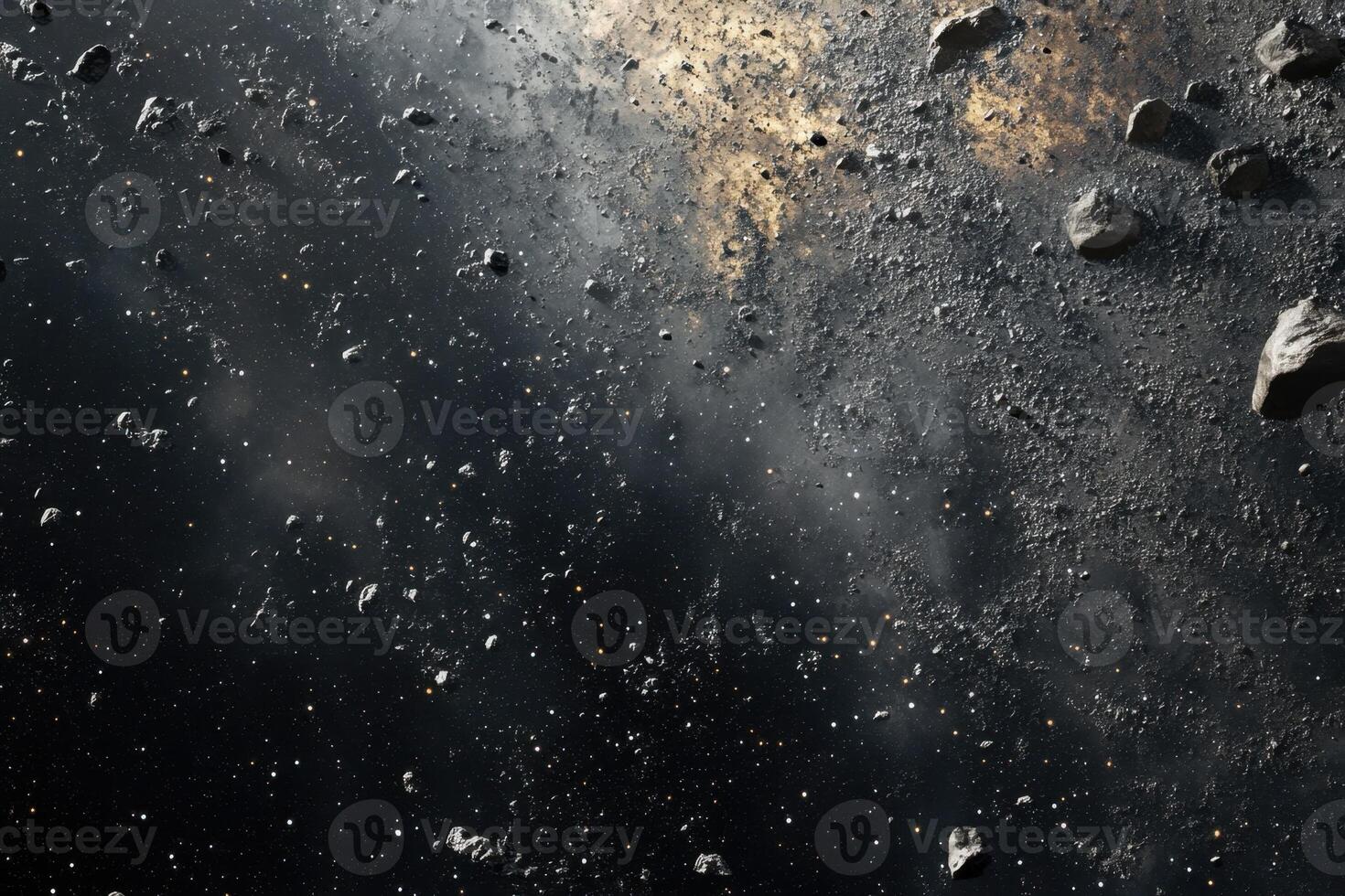 Asteroid field with glowing particles. photo