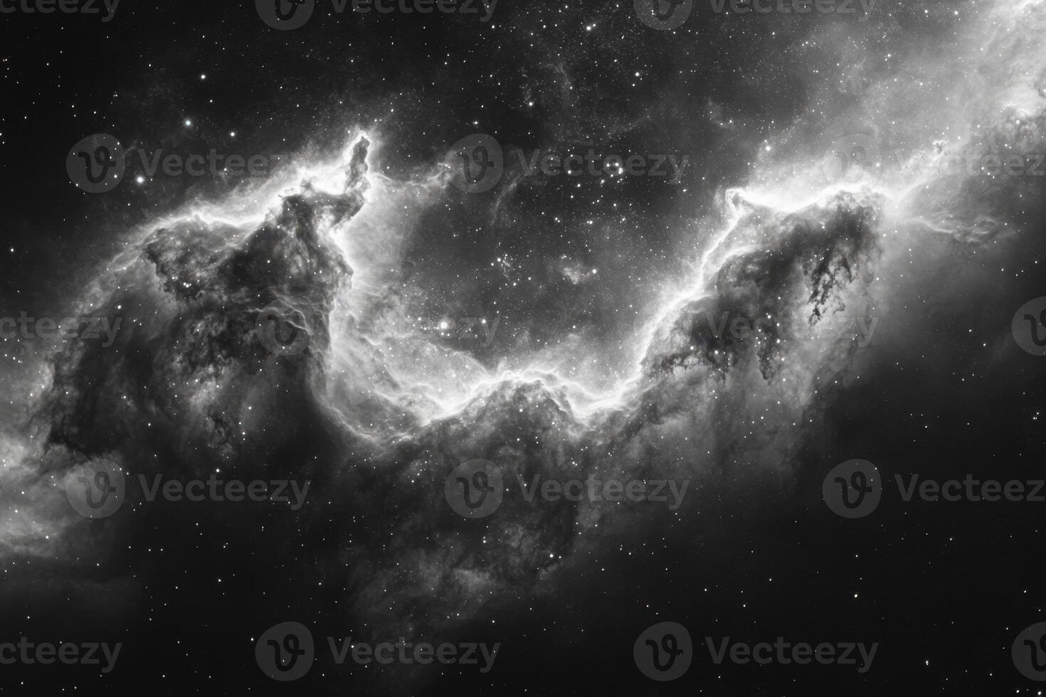 Black and white photo of a nebula in space.