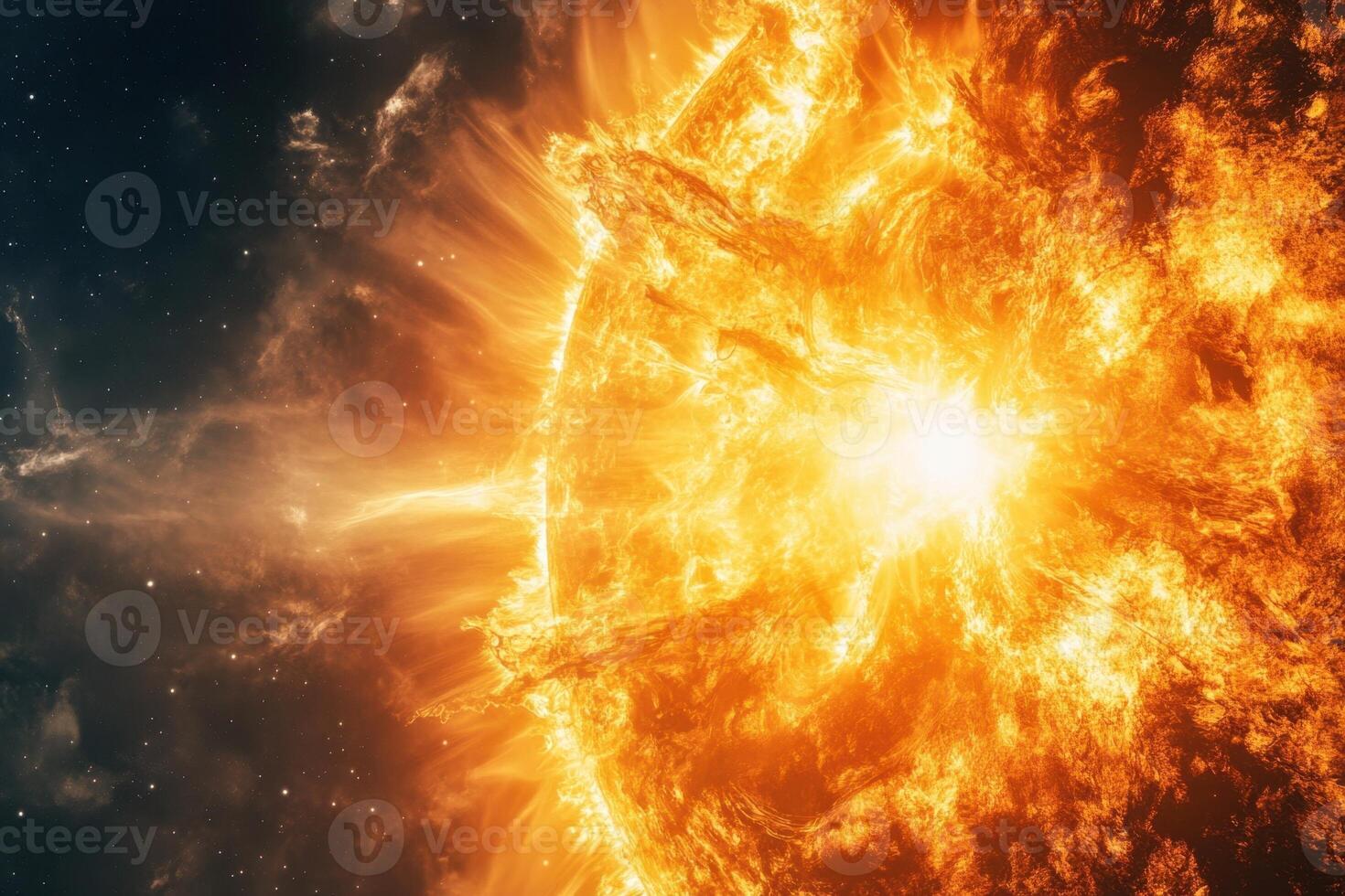 Close-up view of a blazing sun in space with intense light and flames. photo