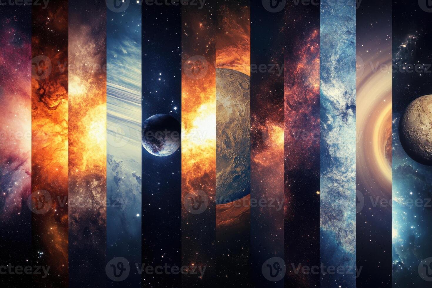 Collage of space images showing planets, nebulas, and stars. photo