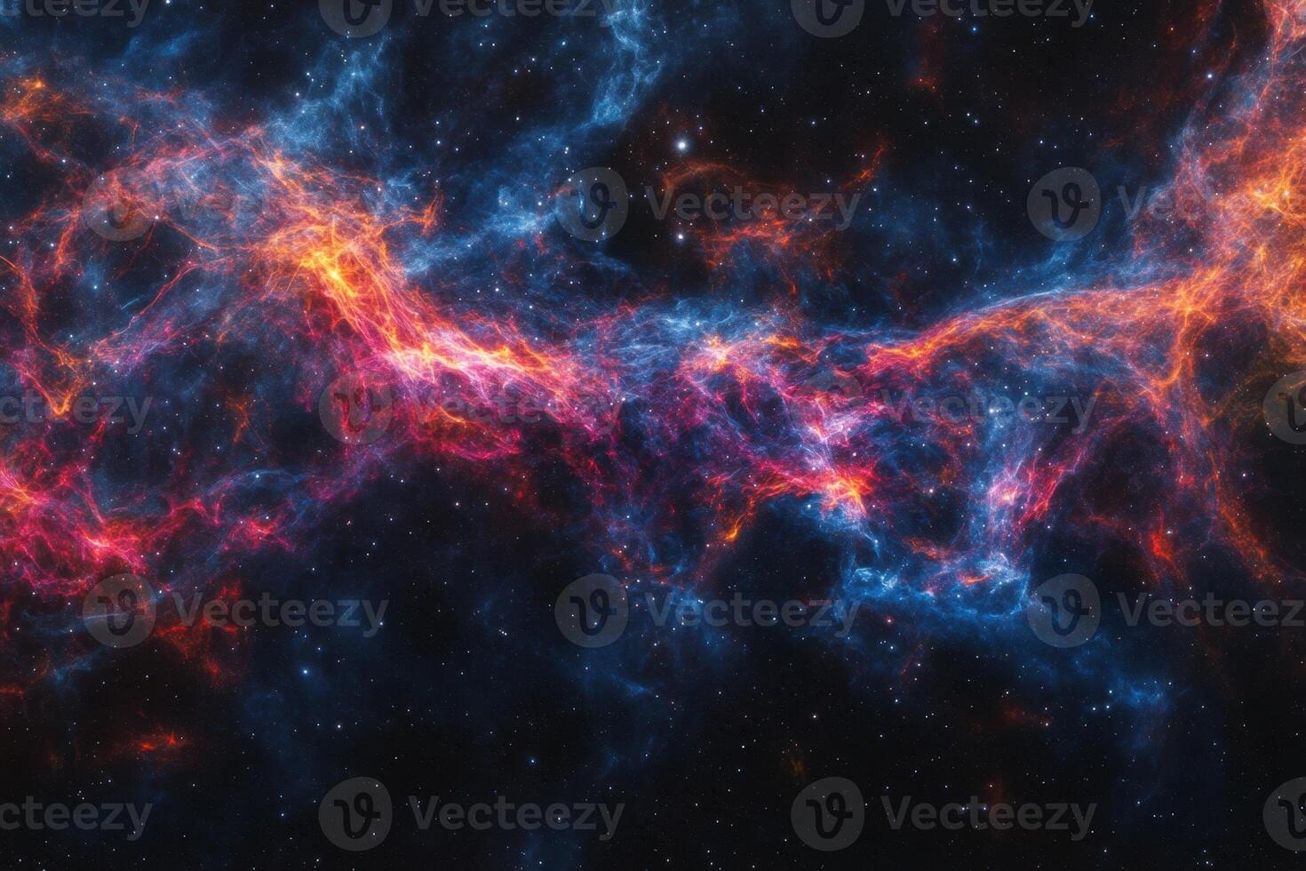 Cosmic Nebula with bright red and blue glowing gas clouds. photo