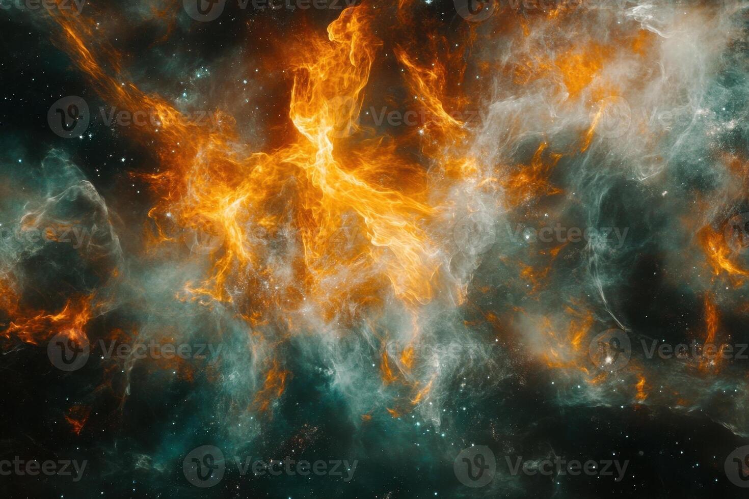Cosmic firestorm with swirling clouds and stars in the darkness of space. photo