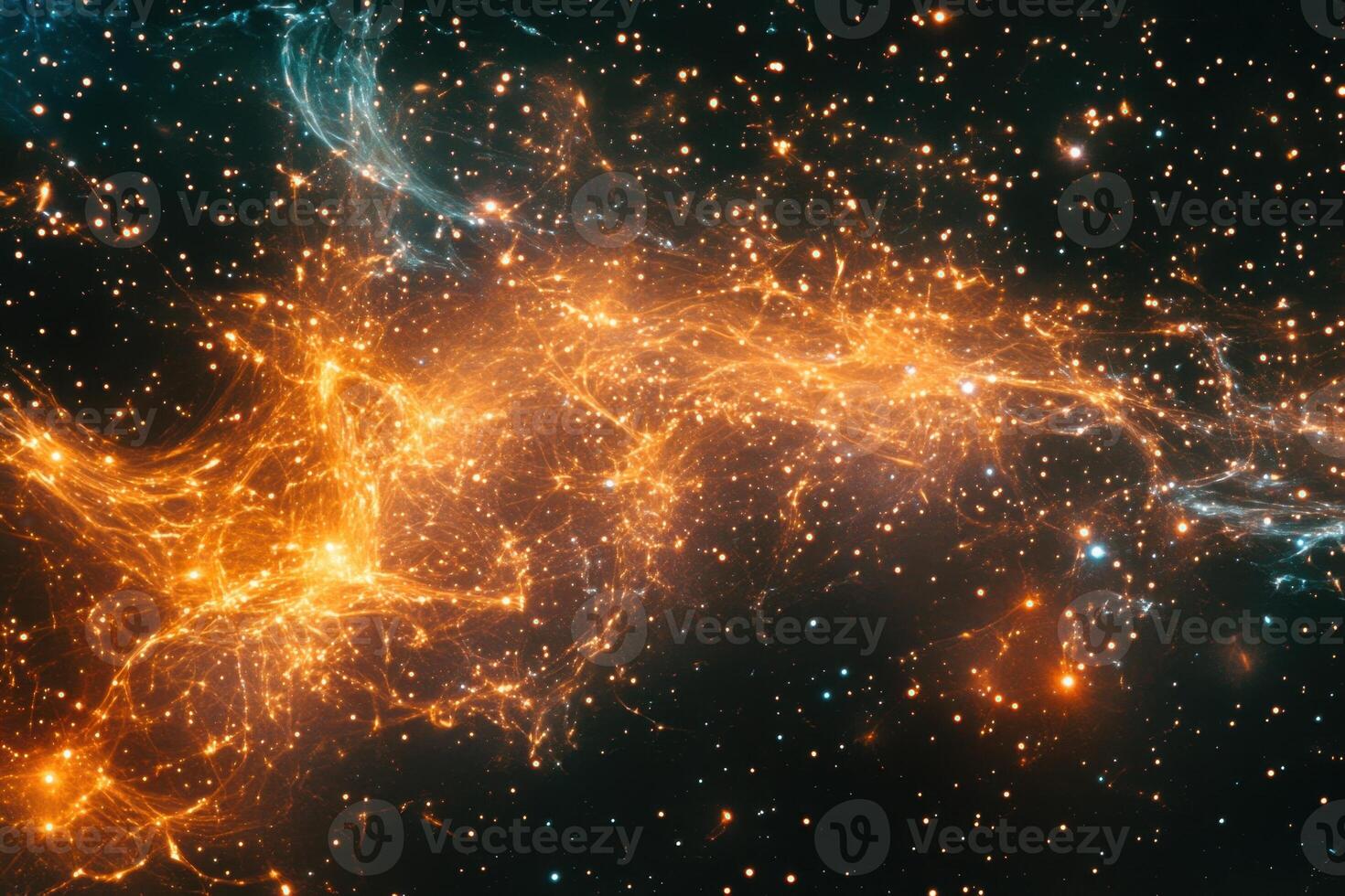 Cosmic dust and gas clouds glow brightly in a nebula against a backdrop of stars. photo