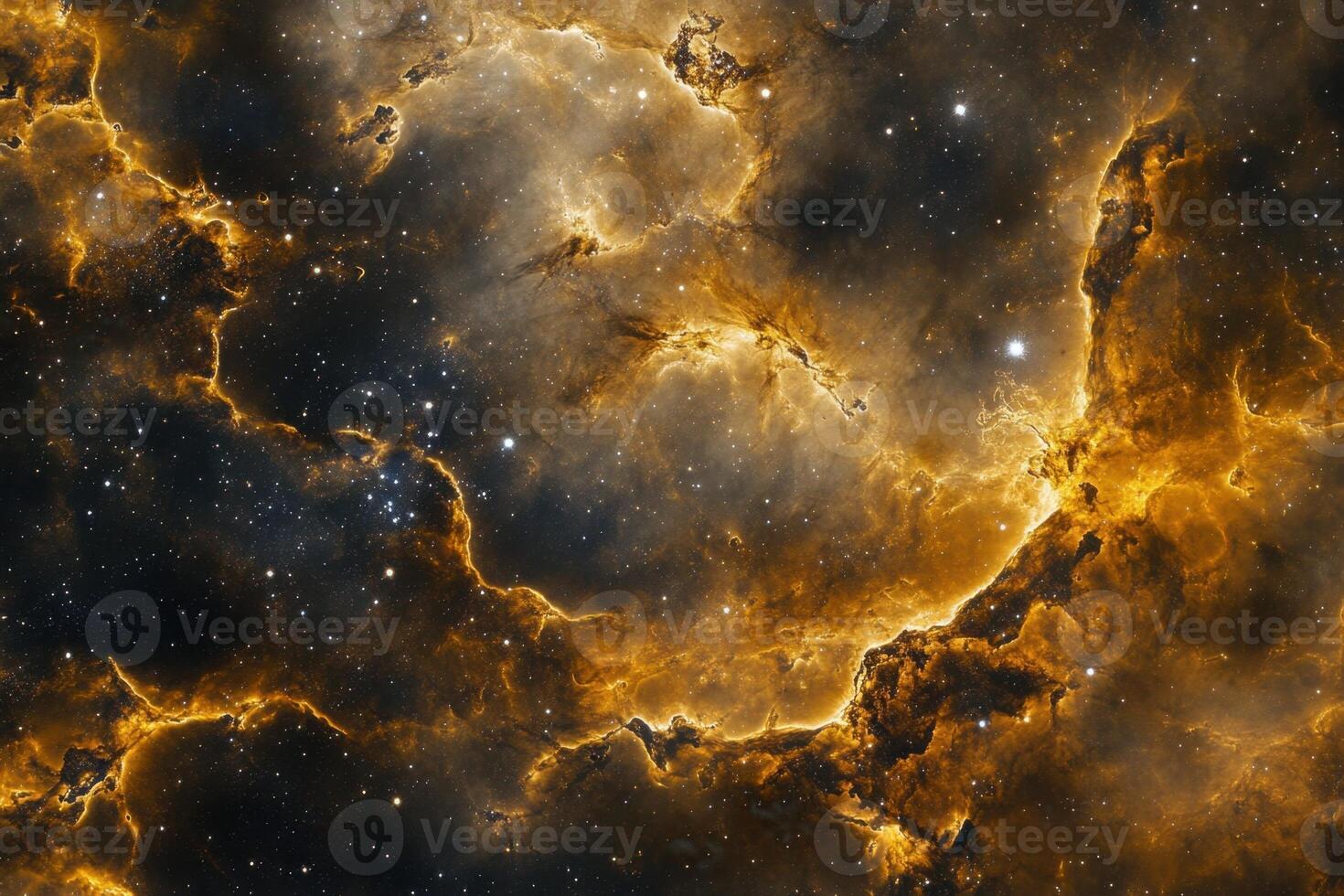 Cosmic nebula with bright yellow and orange gas clouds, scattered with stars. photo