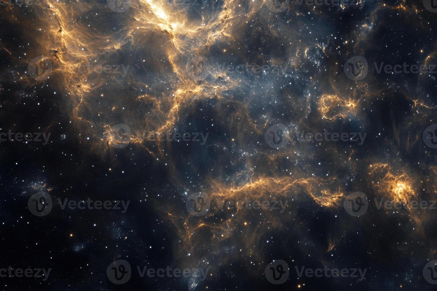 Cosmic Nebula with golden and blue gas clouds in a dark starry space. photo