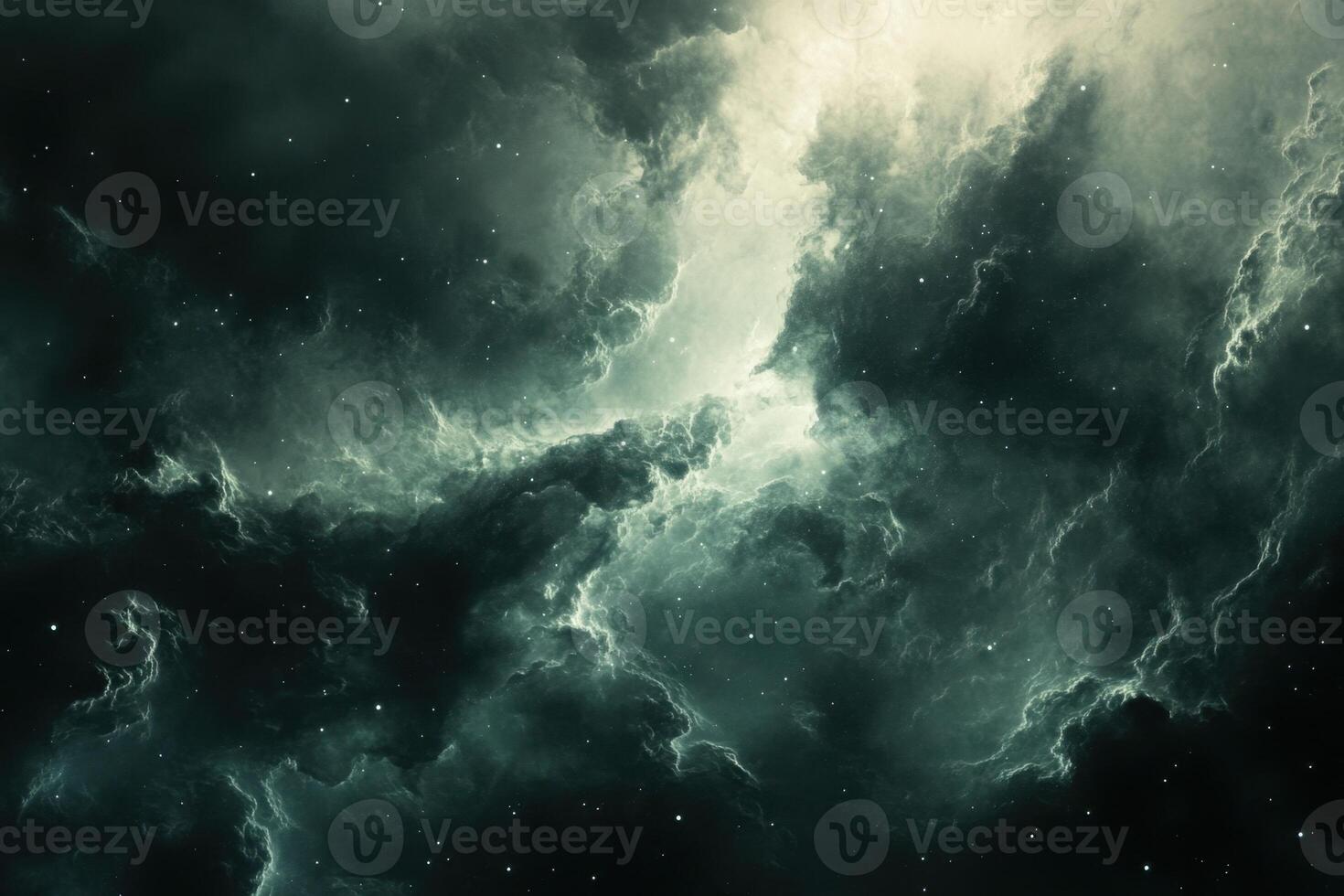 Dramatic, swirling clouds in a dark, starry sky. photo